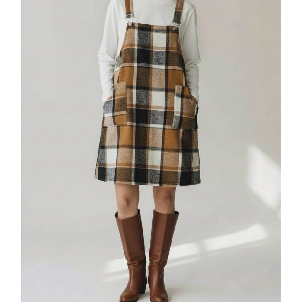 SHEIN Brown Plaid Pinafore Dress‎ - Picture 2 of 6
